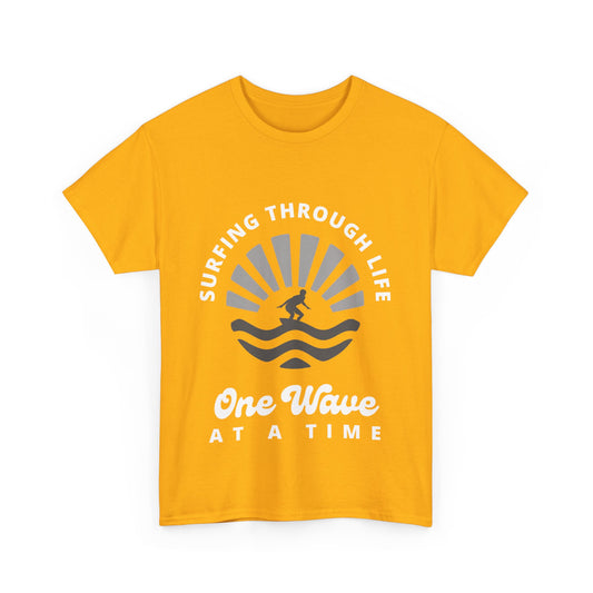 "Surfing through life, one wave at a time" Unisex Cotton Tee