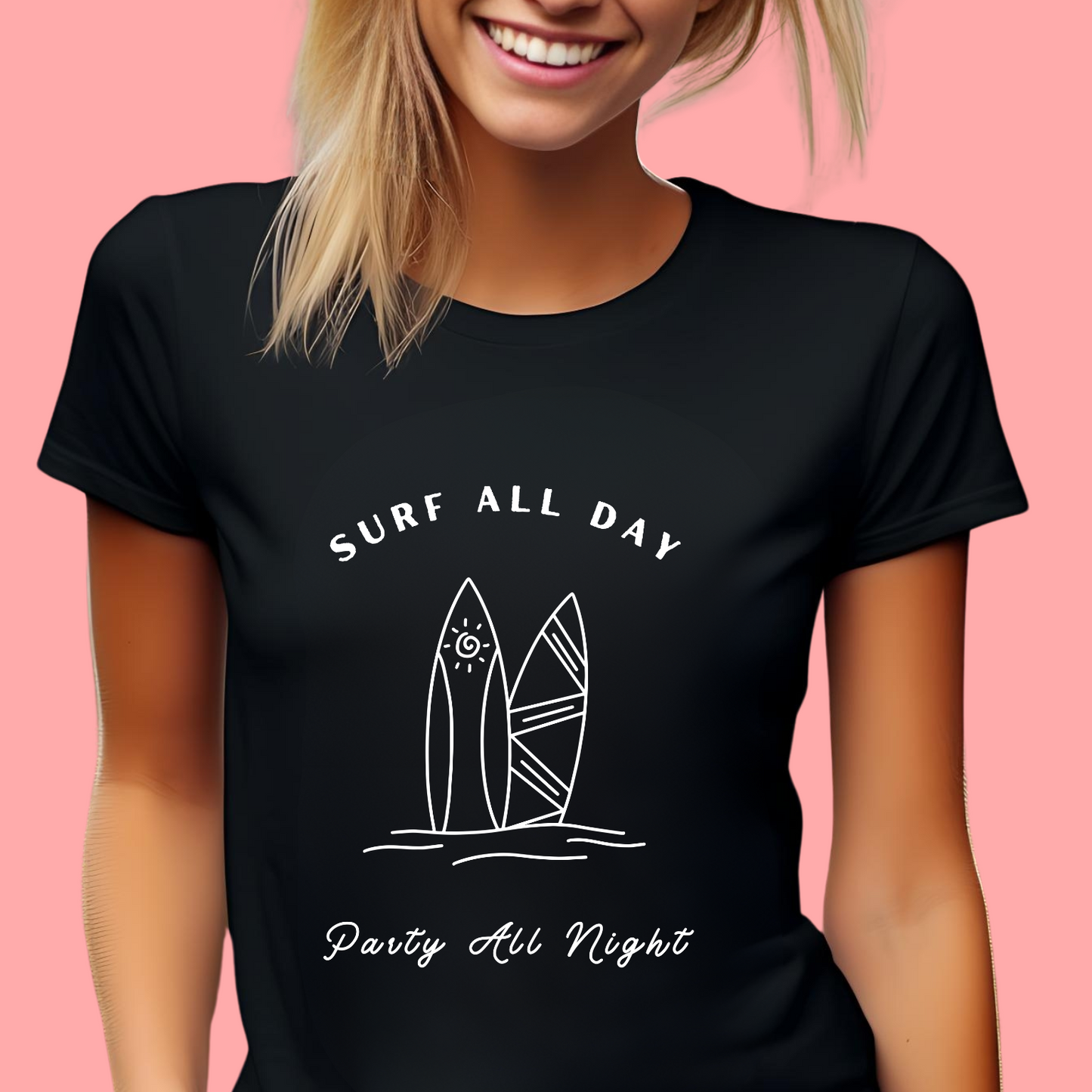 "Surf all day, party all night." Unisex Cotton Tee