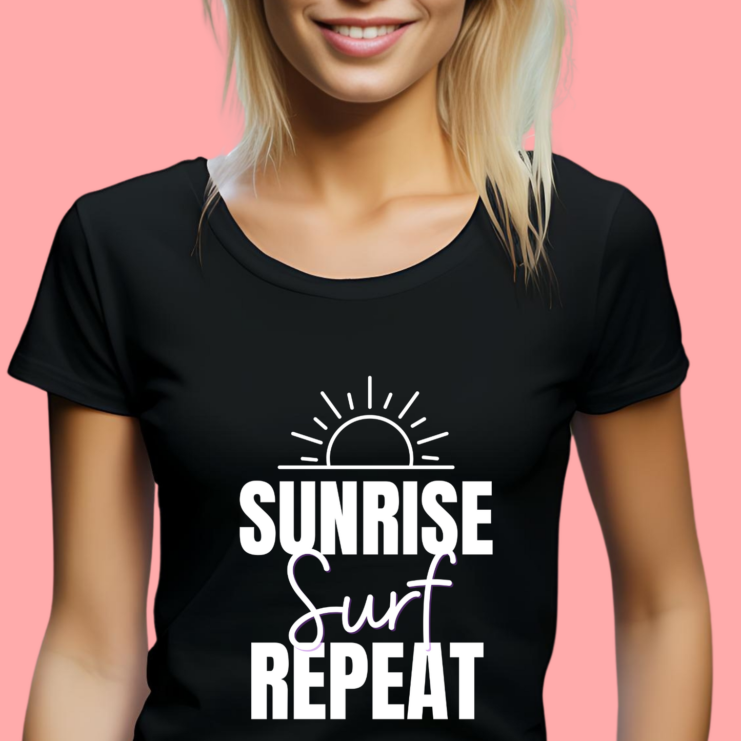 "Sunrise, surf, repeat." Unisex Cotton Tee