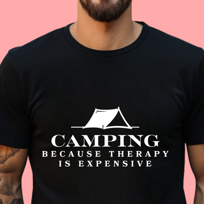 "Camping because therapy is expensive" Unisex Cotton Tee