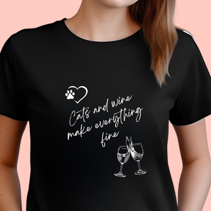 "Cats and wine make everything fine" Unisex Cotton Tee