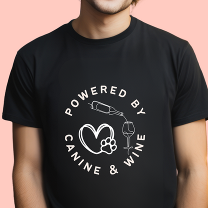 "Powered by canine and coffee" Unisex Cotton Tee