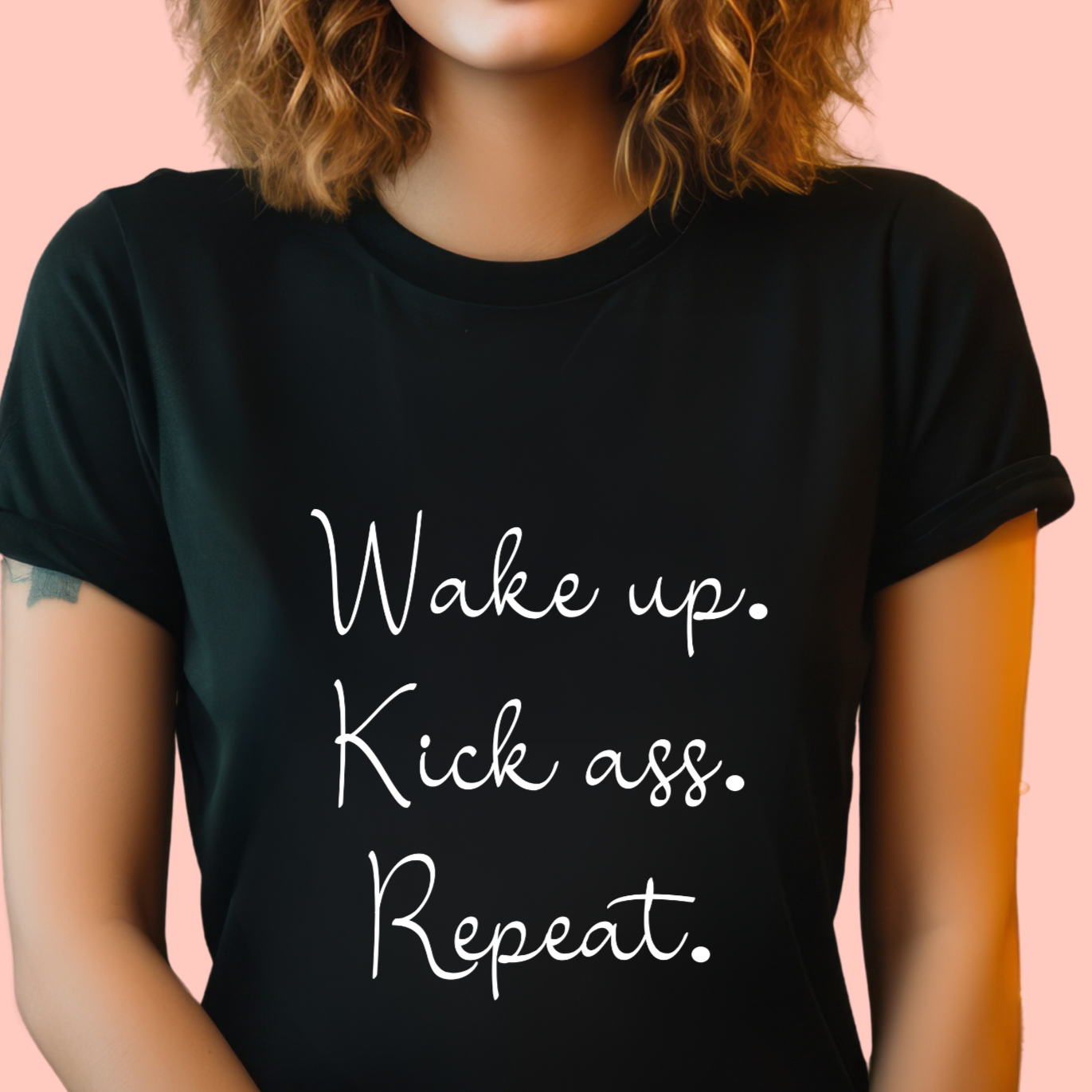 "Wake up, kick ass, repeat" Unisex Cotton Tee