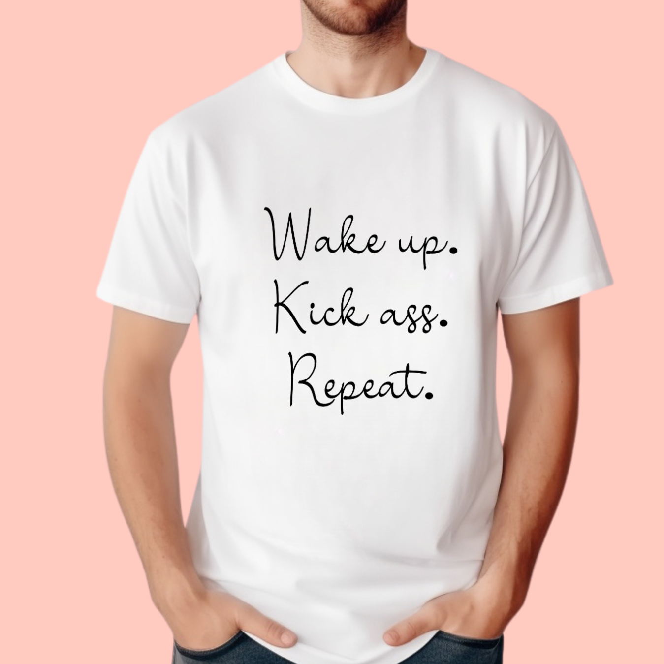 "Wake up, kick ass, repeat" Unisex Cotton Tee