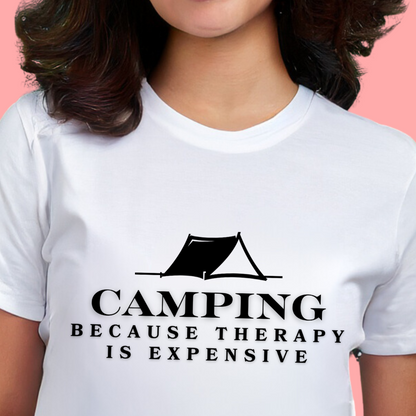 "Camping because therapy is expensive" Unisex Cotton Tee