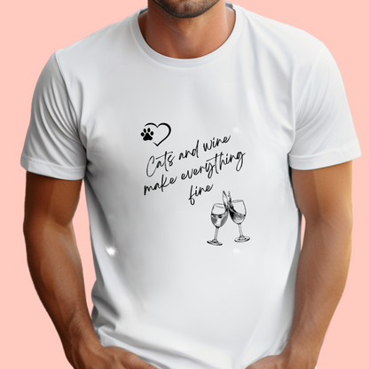 "Cats and wine make everything fine" Unisex Cotton Tee