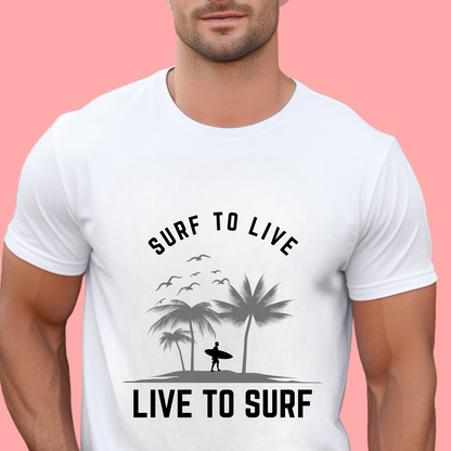 "Surf to live, live to surf." Unisex Cotton Tee