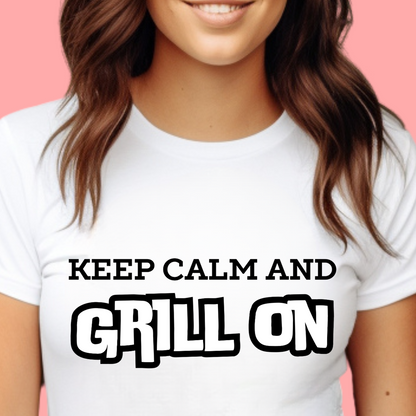 "Keep calm and grill on." Unisex Cotton Tee