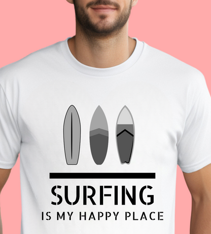 "Surfing is my happy place" Unisex Cotton Tee