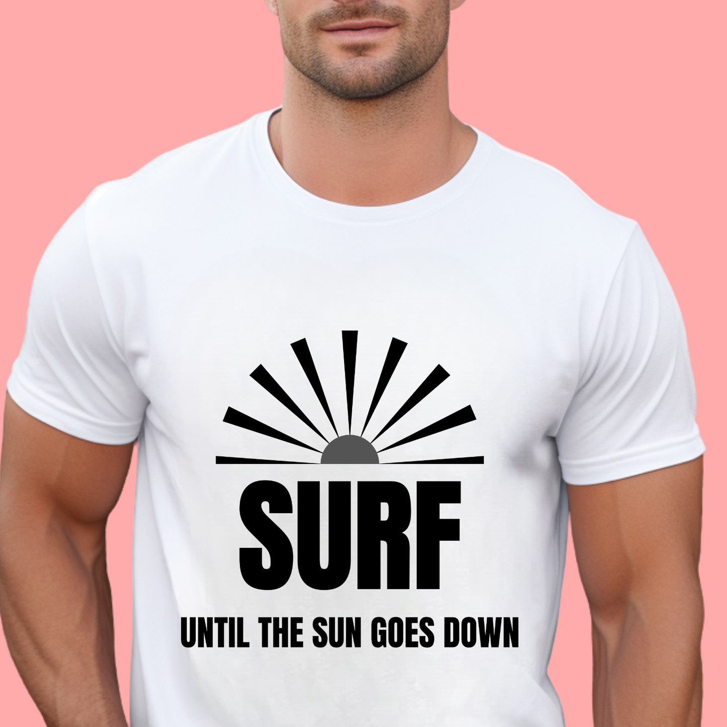 "Surf until the sun goes down." Unisex Cotton Tee