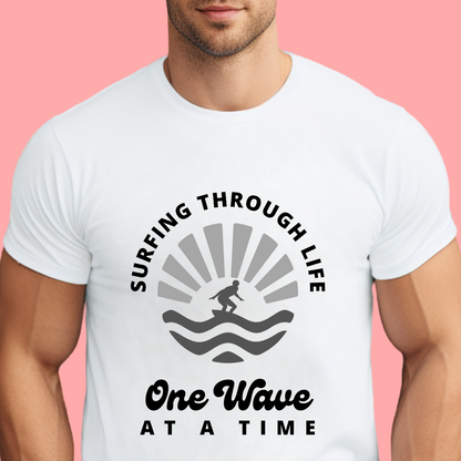 "Surfing through life, one wave at a time" Unisex Cotton Tee