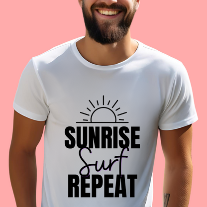 "Sunrise, surf, repeat." Unisex Cotton Tee